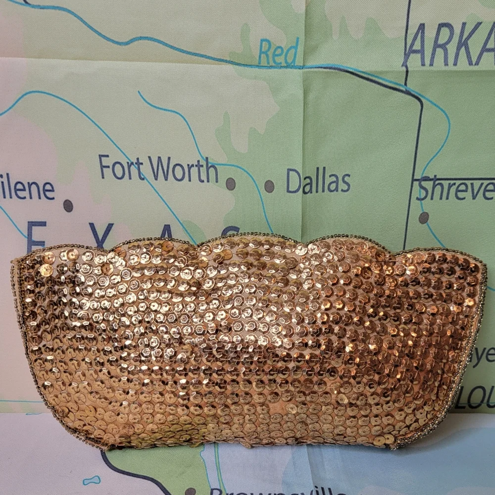 Vintage 1950s Gold Sequin Clutch Bag Purse - Picture 3 of 12